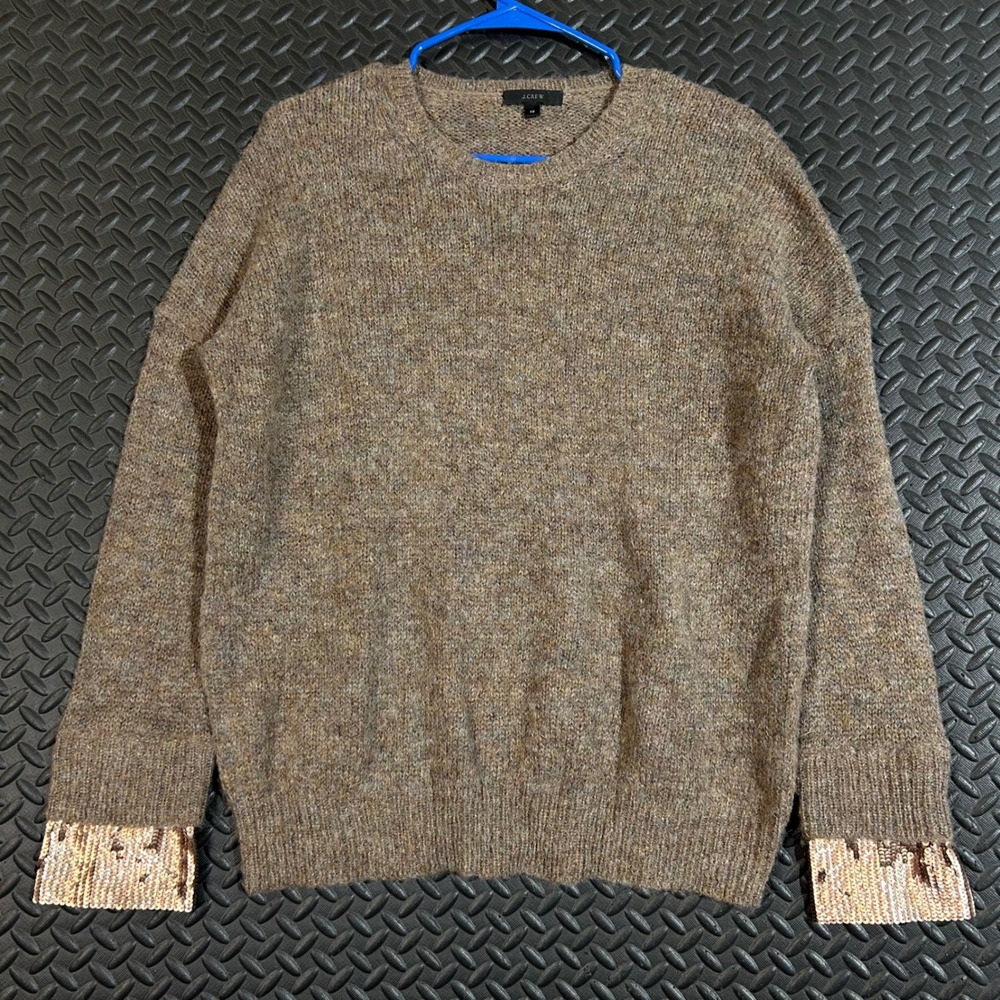 J. Crew Brown Sequin Sleeve Cuff Wool Mohair Blend Knit Sweater Women's‎ XS
